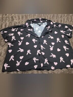 PLAYBOY Black Short-Sleeve Button-Down Top with Pink Bunny & Heart Print